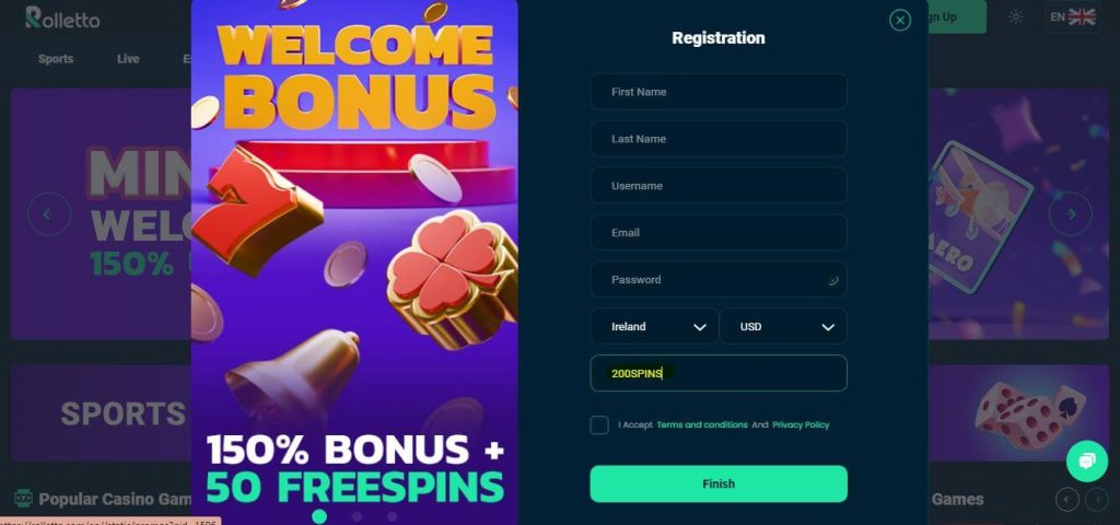 rolletto free spins code